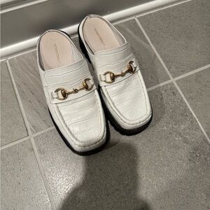 INTENTIONALLY BLANK White Croc-Embossed Loafers with Gold Accent